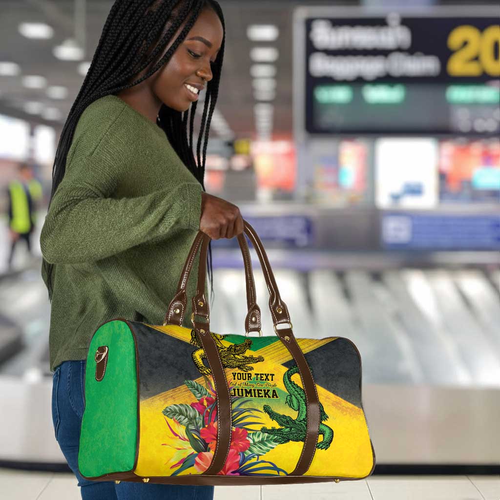 Personalized Black Jamaicans Crocodile Travel Bag Tropical Flowers Grunge Flag