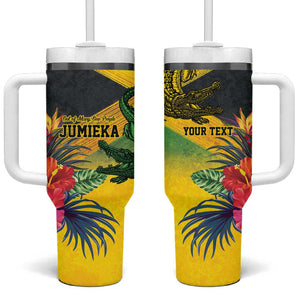 Personalized Black Jamaicans Crocodile Tumbler With Handle Tropical Flowers Grunge Flag - African Pride