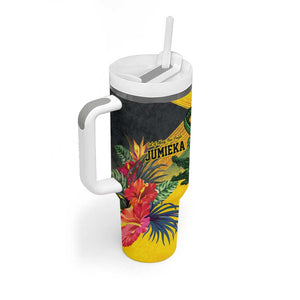 Personalized Black Jamaicans Crocodile Tumbler With Handle Tropical Flowers Grunge Flag - African Pride