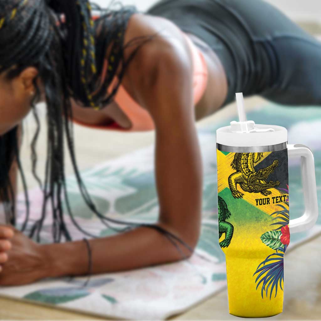 Personalized Black Jamaicans Crocodile Tumbler With Handle Tropical Flowers Grunge Flag - African Pride