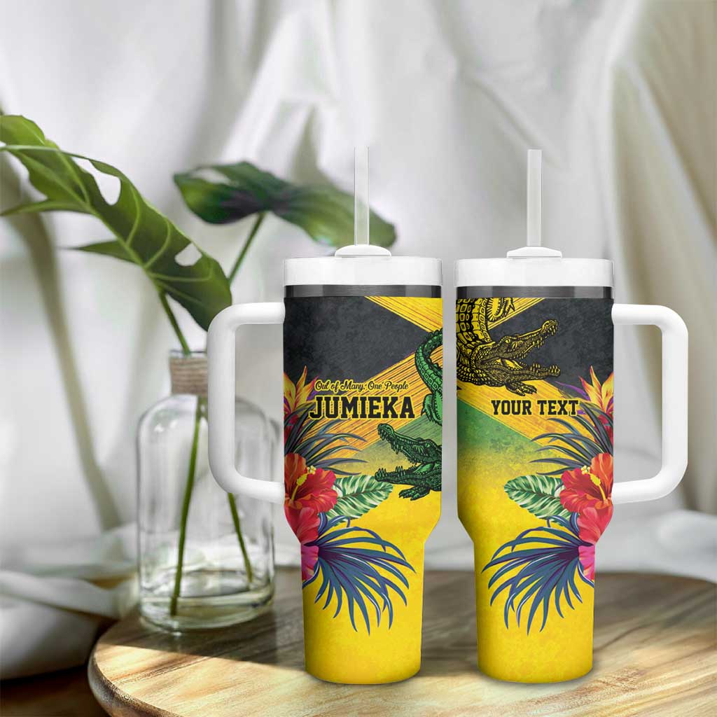Personalized Black Jamaicans Crocodile Tumbler With Handle Tropical Flowers Grunge Flag - African Pride