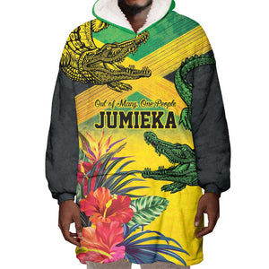 Personalized Black Jamaicans Crocodile Wearable Blanket Hoodie Tropical Flowers Grunge Flag - African Pride