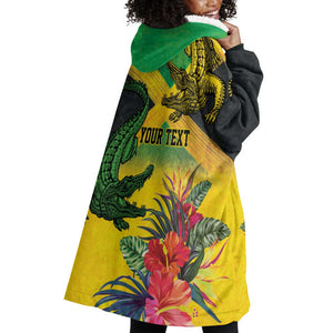 Personalized Black Jamaicans Crocodile Wearable Blanket Hoodie Tropical Flowers Grunge Flag - African Pride