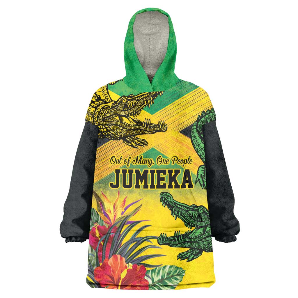 Personalized Black Jamaicans Crocodile Wearable Blanket Hoodie Tropical Flowers Grunge Flag - African Pride
