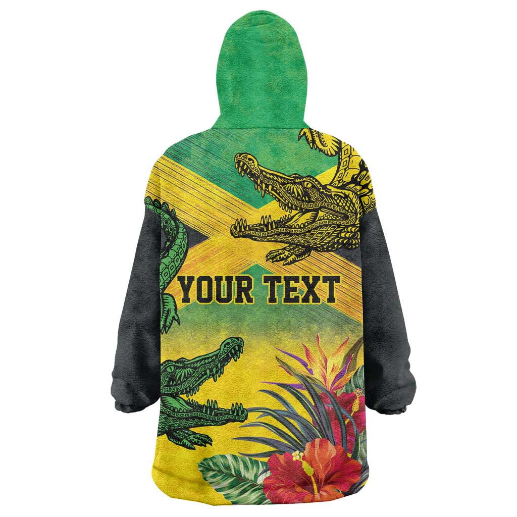 Personalized Black Jamaicans Crocodile Wearable Blanket Hoodie Tropical Flowers Grunge Flag - African Pride
