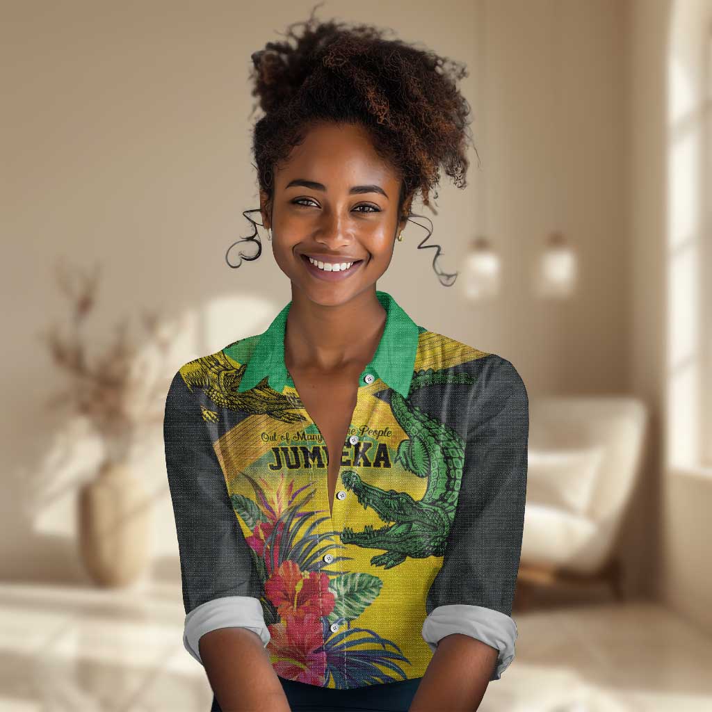 Personalized Black Jamaicans Crocodile Women Casual Shirt Tropical Flowers Grunge Flag - African Pride