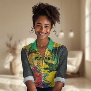 Personalized Black Jamaicans Crocodile Women Casual Shirt Tropical Flowers Grunge Flag - African Pride