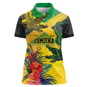 Personalized Black Jamaicans Crocodile Women Polo Shirt Tropical Flowers Grunge Flag - African Pride