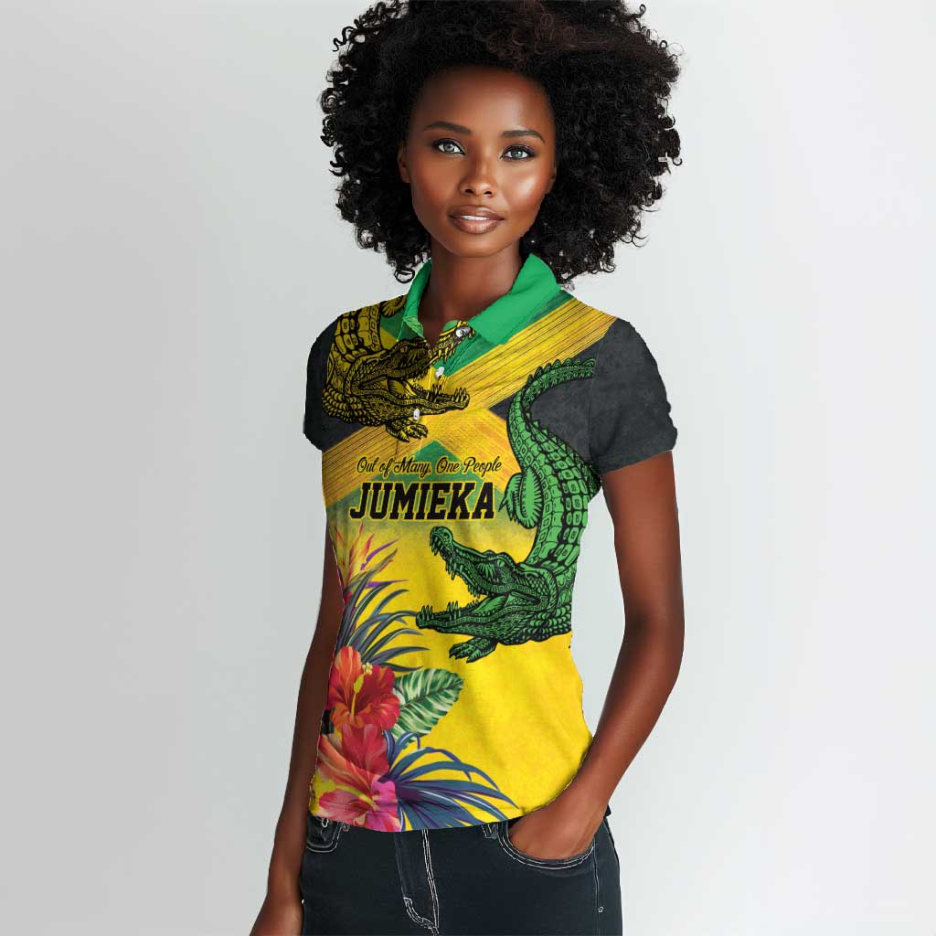 Personalized Black Jamaicans Crocodile Women Polo Shirt Tropical Flowers Grunge Flag - African Pride