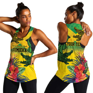 Personalized Black Jamaicans Crocodile Women Racerback Tank Tropical Flowers Grunge Flag - African Pride
