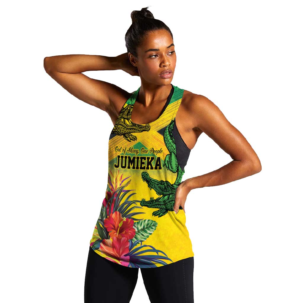 Personalized Black Jamaicans Crocodile Women Racerback Tank Tropical Flowers Grunge Flag - African Pride