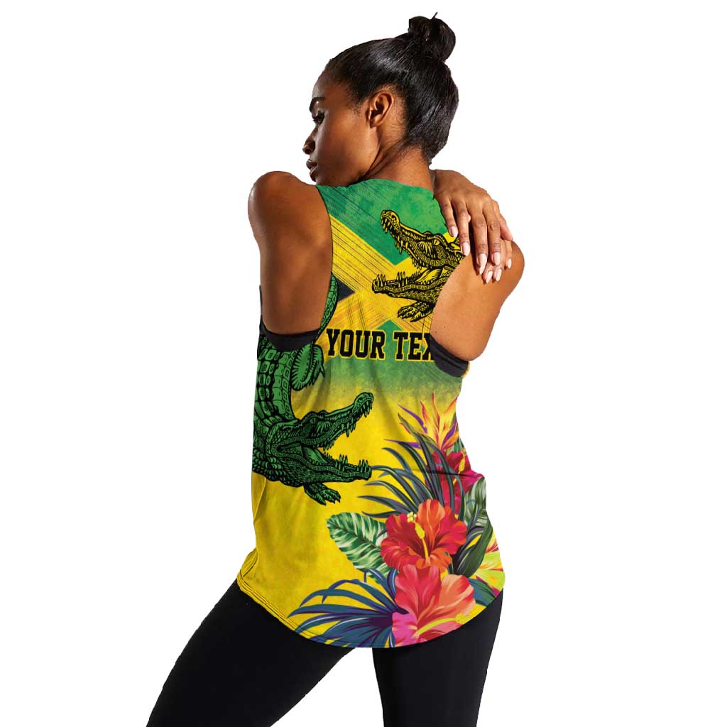 Personalized Black Jamaicans Crocodile Women Racerback Tank Tropical Flowers Grunge Flag - African Pride