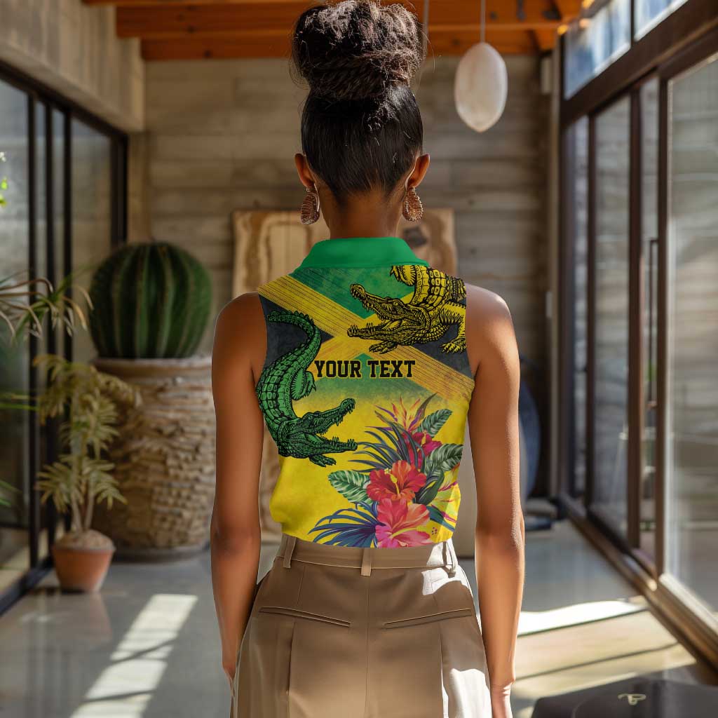 Personalized Black Jamaicans Crocodile Women Sleeveless Polo Shirt Tropical Flowers Grunge Flag - African Pride