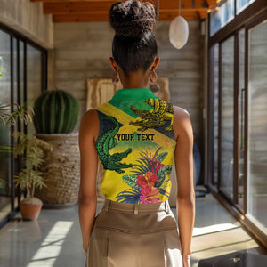 Personalized Black Jamaicans Crocodile Women Sleeveless Polo Shirt Tropical Flowers Grunge Flag - African Pride