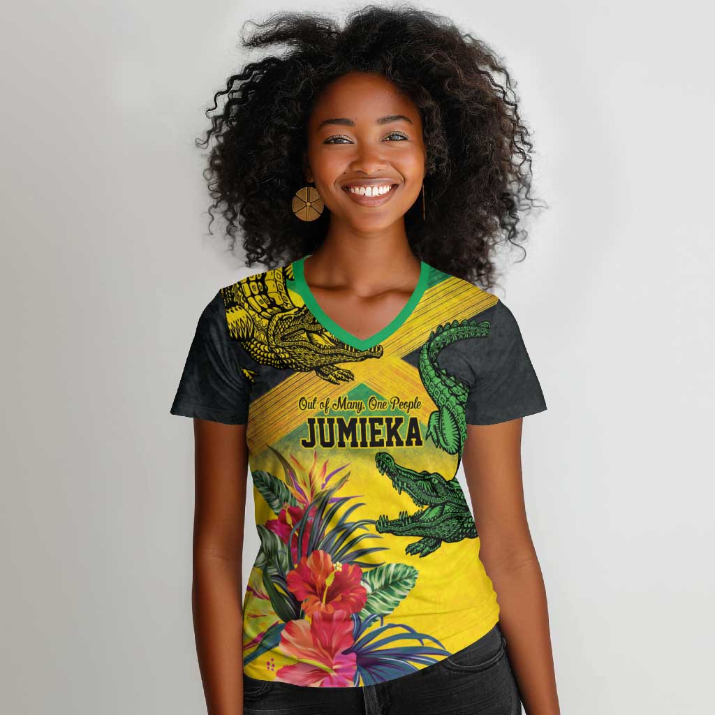 Personalized Black Jamaicans Crocodile Women V-Neck T-Shirt Tropical Flowers Grunge Flag - African Pride