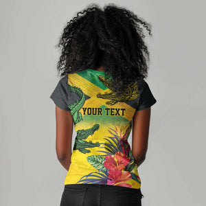 Personalized Black Jamaicans Crocodile Women V-Neck T-Shirt Tropical Flowers Grunge Flag - African Pride