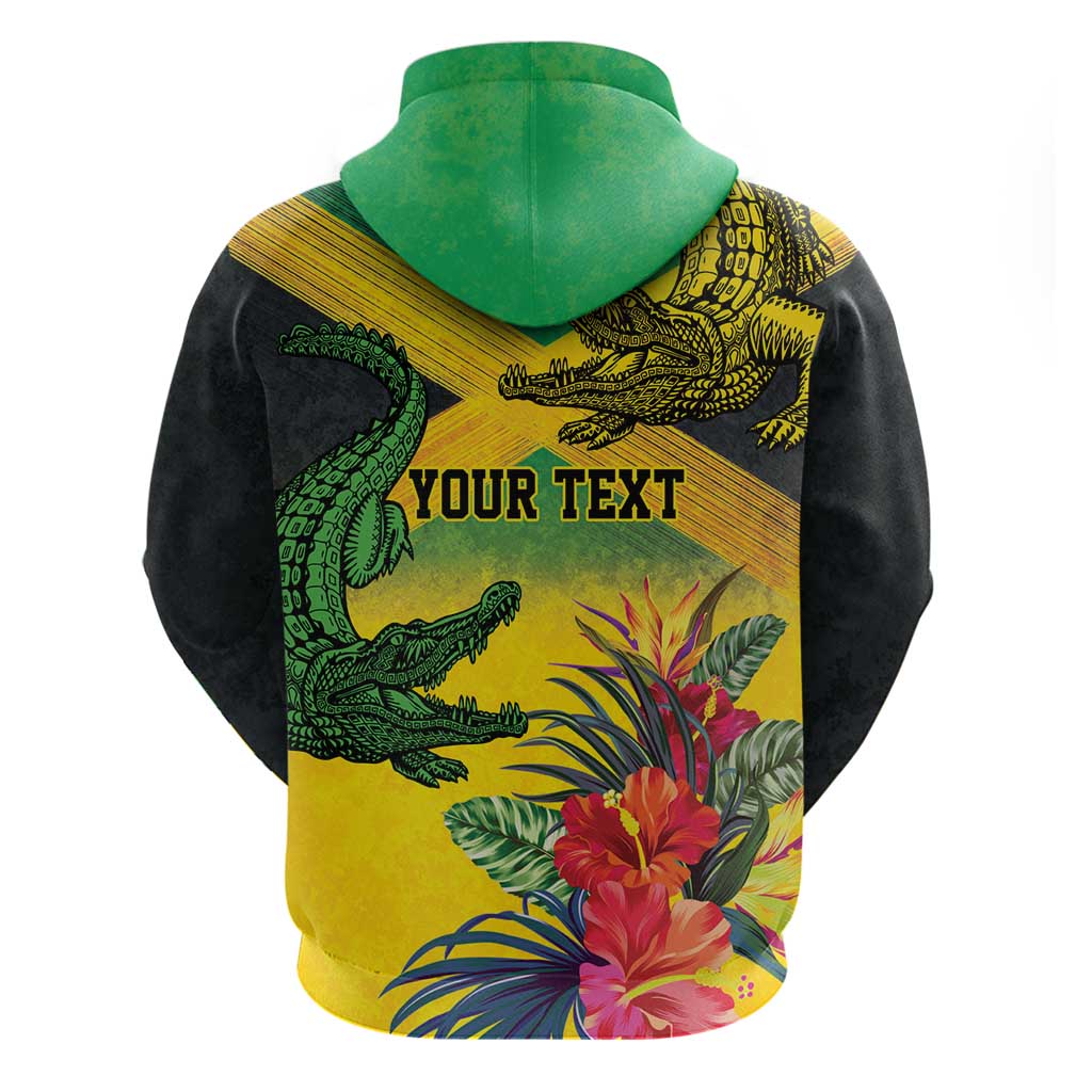 Personalized Black Jamaicans Crocodile Zip Hoodie Tropical Flowers Grunge Flag - African Pride