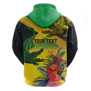 Personalized Black Jamaicans Crocodile Zip Hoodie Tropical Flowers Grunge Flag - African Pride