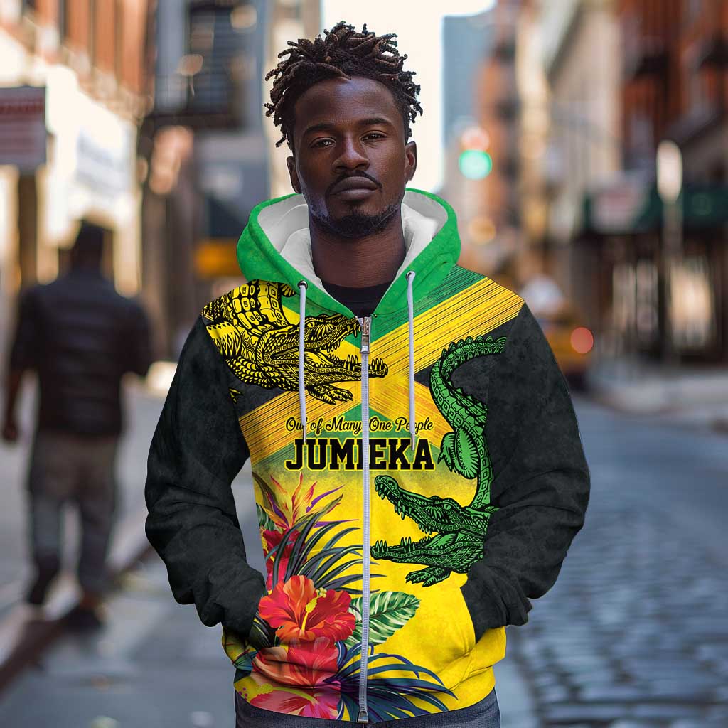 Personalized Black Jamaicans Crocodile Zip Hoodie Tropical Flowers Grunge Flag - African Pride