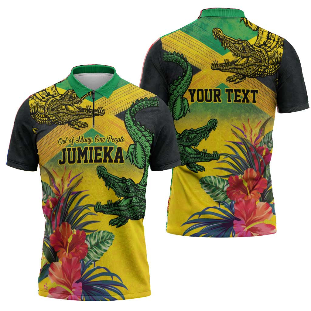 Personalized Black Jamaicans Crocodile Zipper Polo Shirt Tropical Flowers Grunge Flag