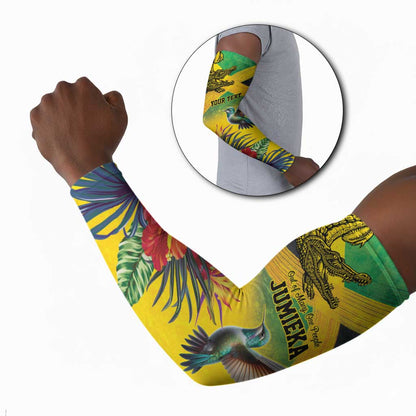 Personalized Black Jamaicans Crocodile Hummingbird Arm Sleeves Tropical Flowers Grunge Flag
