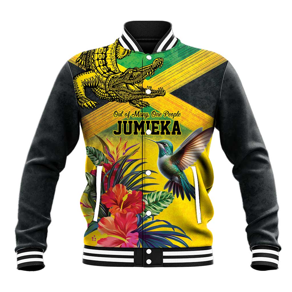 Personalized Black Jamaicans Crocodile Hummingbird Baseball Jacket Tropical Flowers Grunge Flag - African Pride