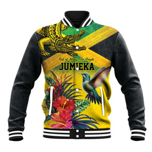 Personalized Black Jamaicans Crocodile Hummingbird Baseball Jacket Tropical Flowers Grunge Flag - African Pride
