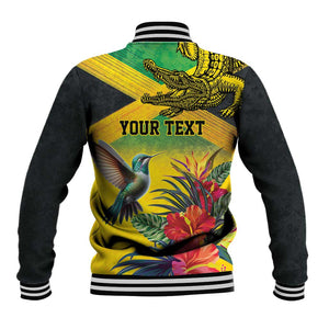 Personalized Black Jamaicans Crocodile Hummingbird Baseball Jacket Tropical Flowers Grunge Flag - African Pride