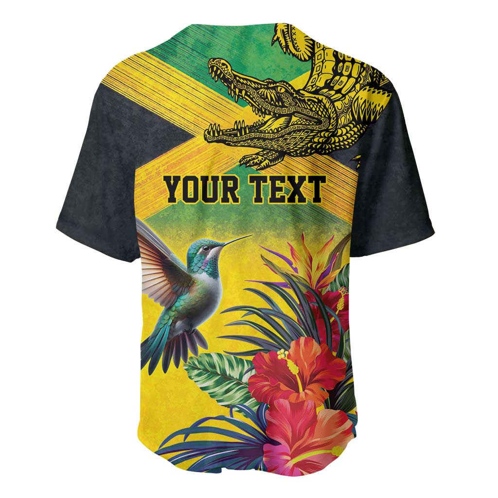 Personalized Black Jamaicans Crocodile Hummingbird Baseball Jersey Tropical Flowers Grunge Flag - African Pride