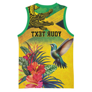Personalized Black Jamaicans Crocodile Hummingbird Basketball Jersey Tropical Flowers Grunge Flag - African Pride