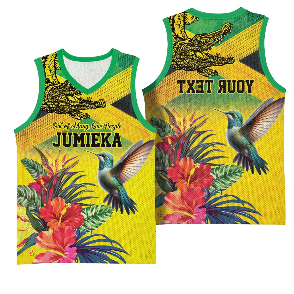 Personalized Black Jamaicans Crocodile Hummingbird Basketball Jersey Tropical Flowers Grunge Flag - African Pride