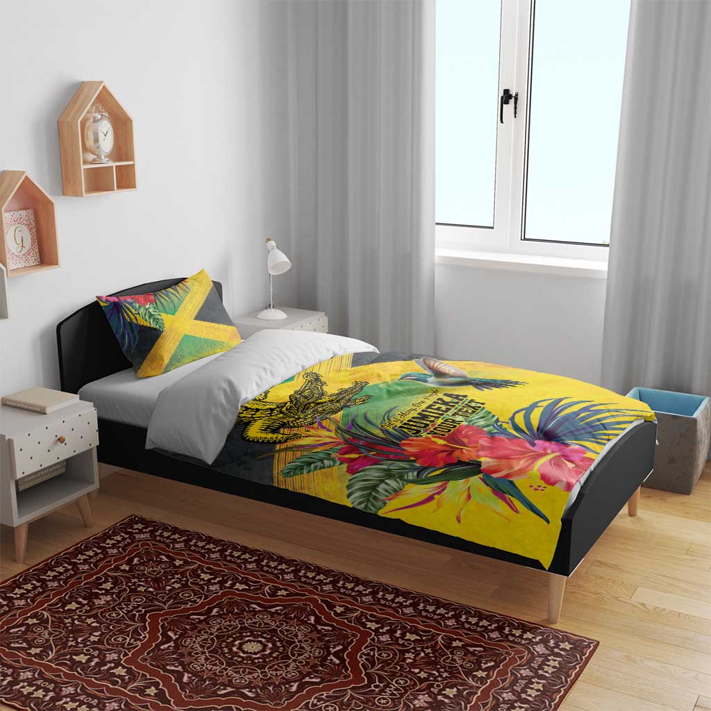Personalized Black Jamaicans Crocodile Hummingbird Bedding Set Tropical Flowers Grunge Flag - African Pride