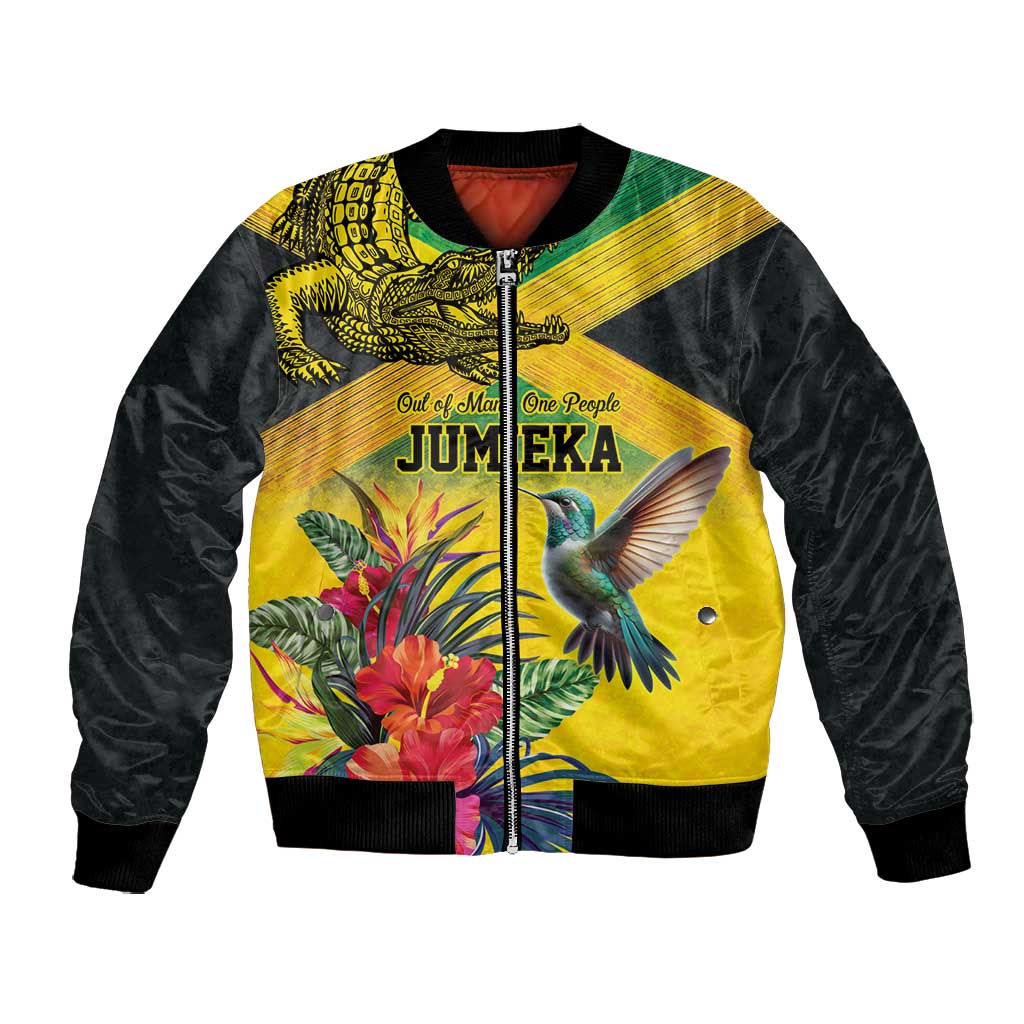 Personalized Black Jamaicans Crocodile Hummingbird Bomber Jacket Tropical Flowers Grunge Flag - African Pride
