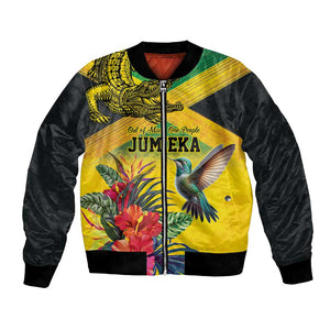 Personalized Black Jamaicans Crocodile Hummingbird Bomber Jacket Tropical Flowers Grunge Flag - African Pride