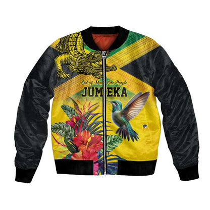 Personalized Black Jamaicans Crocodile Hummingbird Bomber Jacket Tropical Flowers Grunge Flag - African Pride
