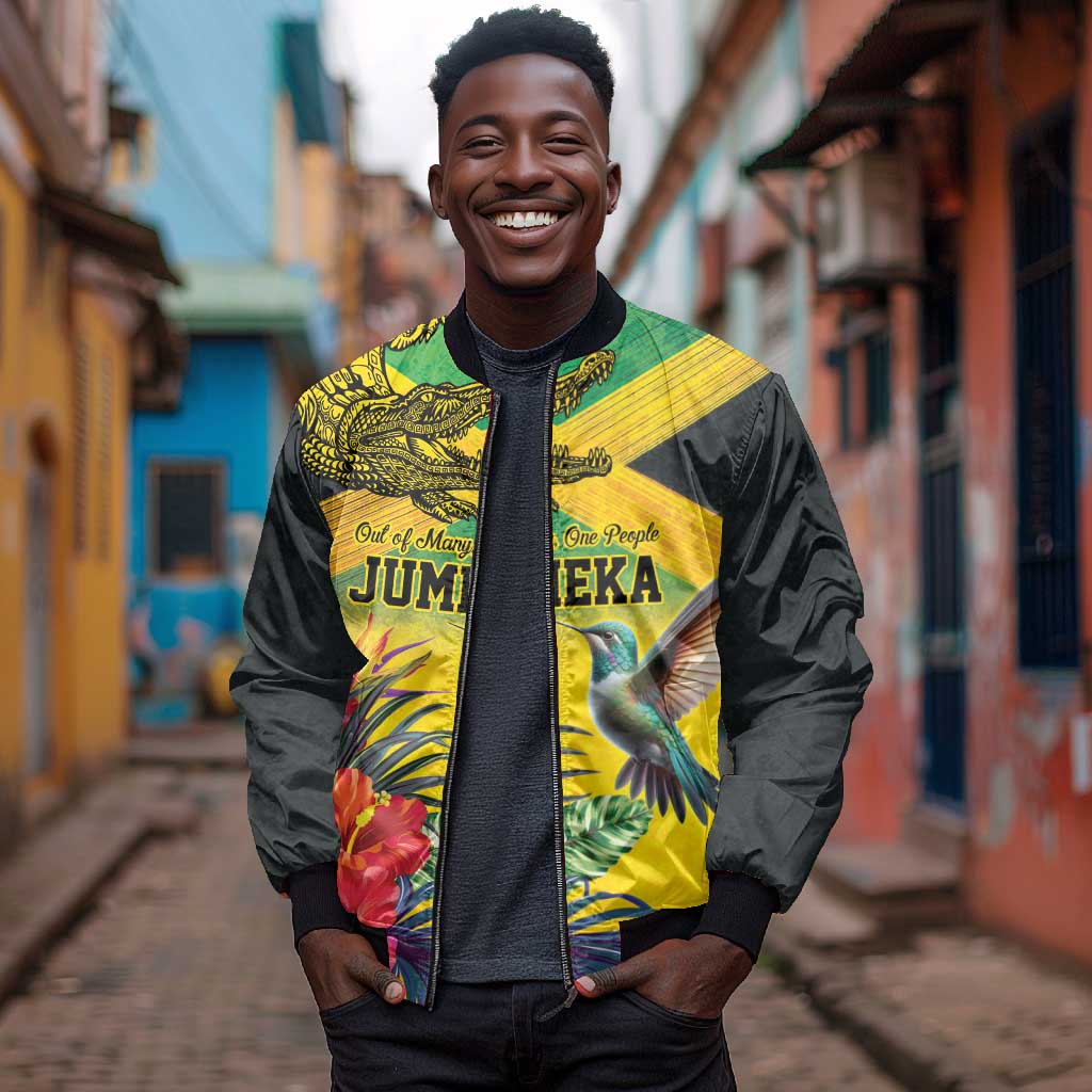 Personalized Black Jamaicans Crocodile Hummingbird Bomber Jacket Tropical Flowers Grunge Flag - African Pride