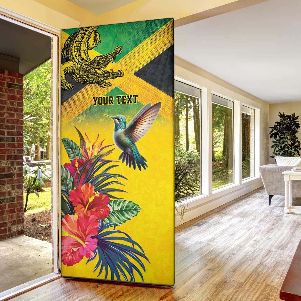 Personalized Black Jamaicans Crocodile Hummingbird Door Cover Tropical Flowers Grunge Flag