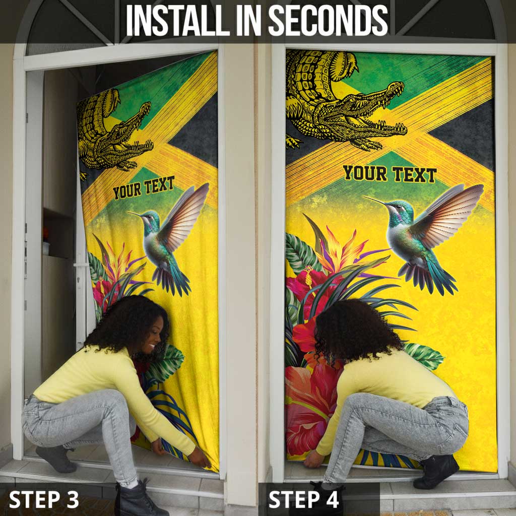 Personalized Black Jamaicans Crocodile Hummingbird Door Cover Tropical Flowers Grunge Flag