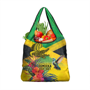 Personalized Black Jamaicans Crocodile Hummingbird Grocery Bag Tropical Flowers Grunge Flag - African Pride