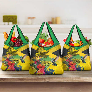 Personalized Black Jamaicans Crocodile Hummingbird Grocery Bag Tropical Flowers Grunge Flag - African Pride