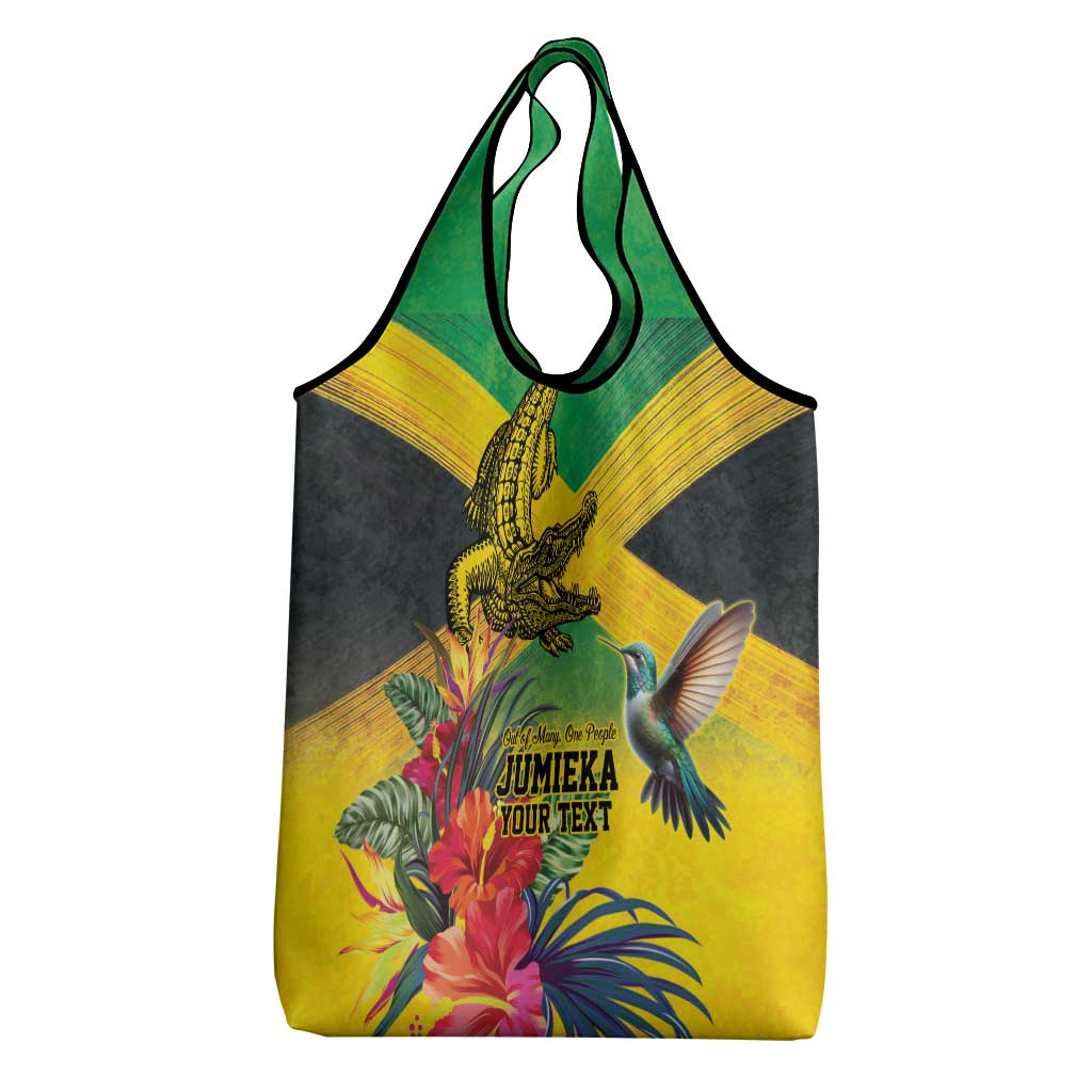 Personalized Black Jamaicans Crocodile Hummingbird Grocery Bag Tropical Flowers Grunge Flag - African Pride