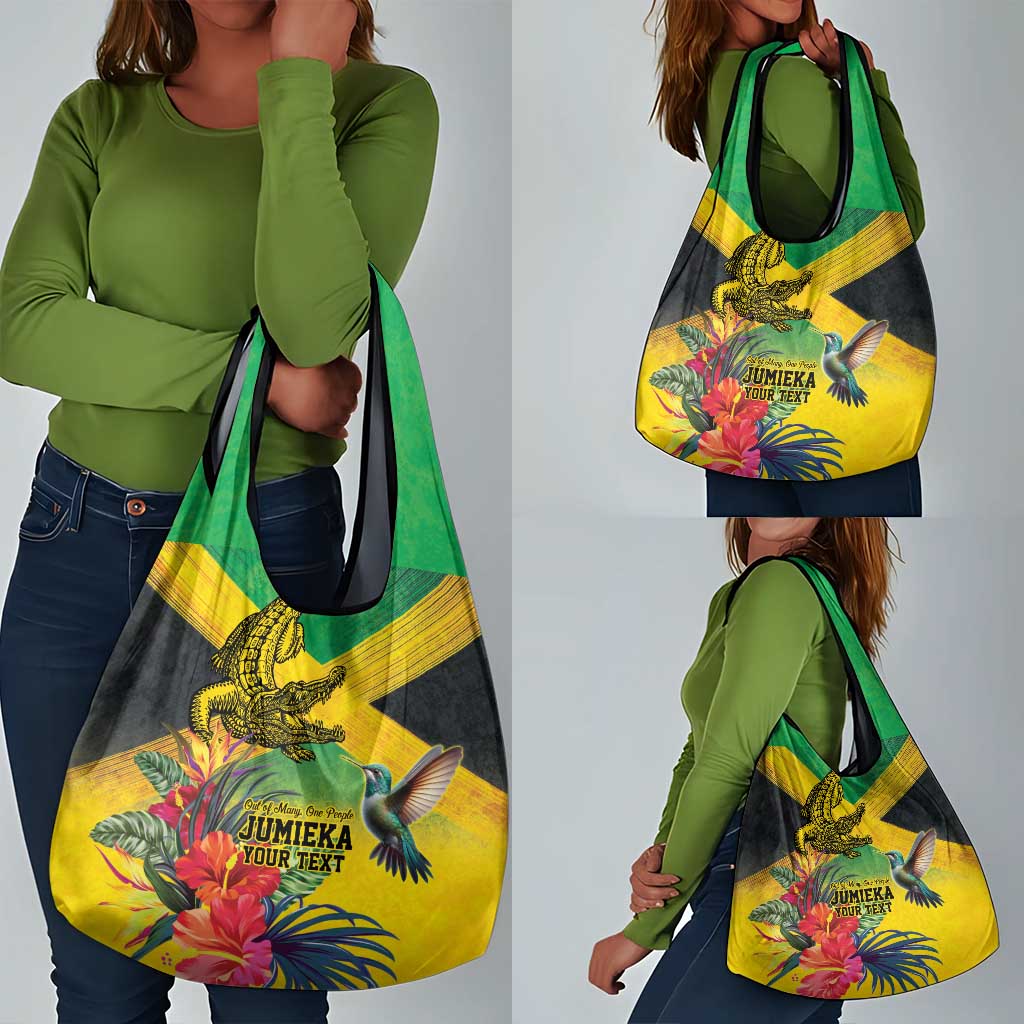 Personalized Black Jamaicans Crocodile Hummingbird Grocery Bag Tropical Flowers Grunge Flag - African Pride