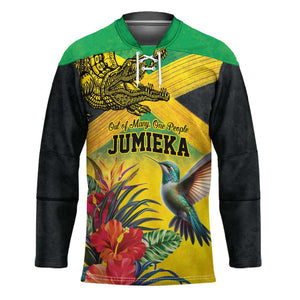 Personalized Black Jamaicans Crocodile Hummingbird Hockey Jersey Tropical Flowers Grunge Flag