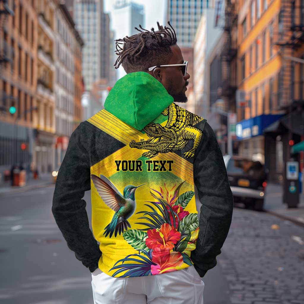 Personalized Black Jamaicans Crocodile Hummingbird Hoodie Tropical Flowers Grunge Flag - African Pride