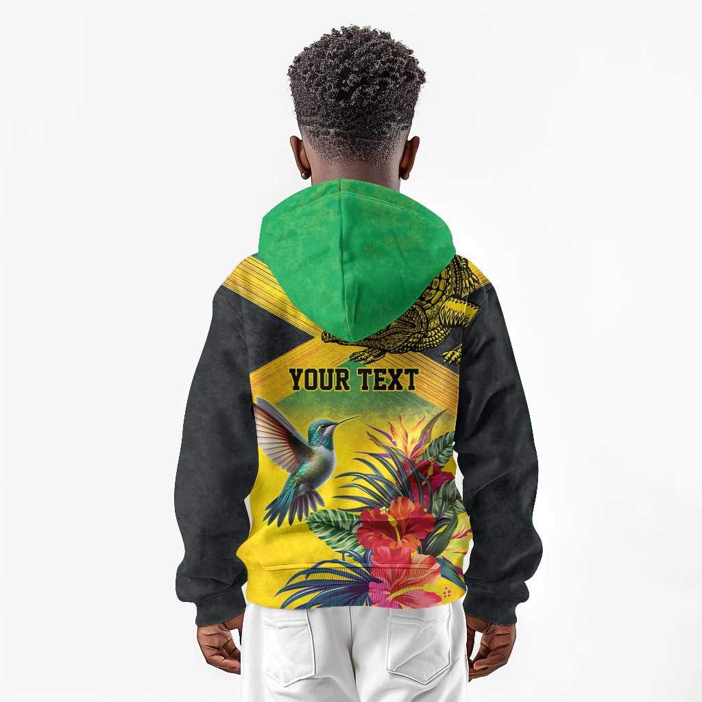 Personalized Black Jamaicans Crocodile Hummingbird Kid Hoodie Tropical Flowers Grunge Flag - African Pride