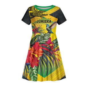 Personalized Black Jamaicans Crocodile Hummingbird Kid Short Sleeve Dress Tropical Flowers Grunge Flag - African Pride