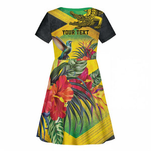 Personalized Black Jamaicans Crocodile Hummingbird Kid Short Sleeve Dress Tropical Flowers Grunge Flag - African Pride
