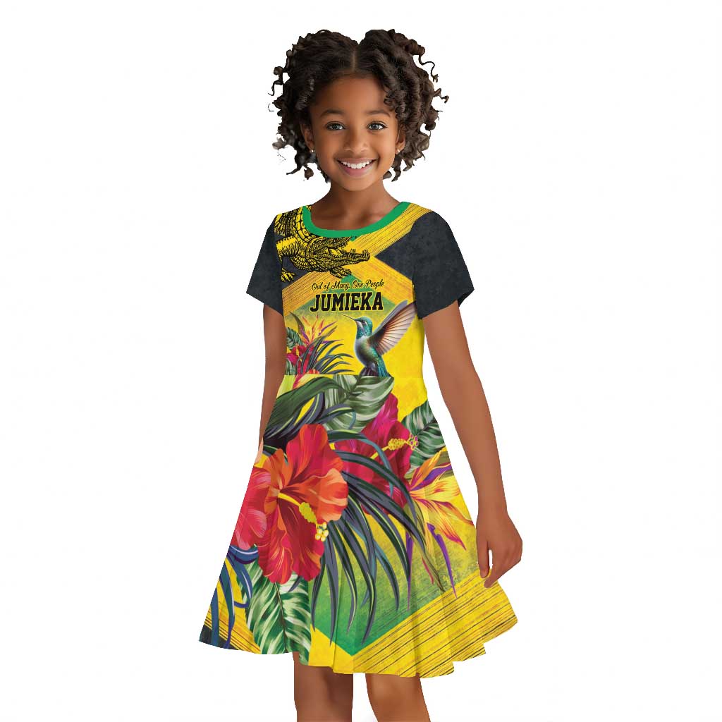 Personalized Black Jamaicans Crocodile Hummingbird Kid Short Sleeve Dress Tropical Flowers Grunge Flag - African Pride