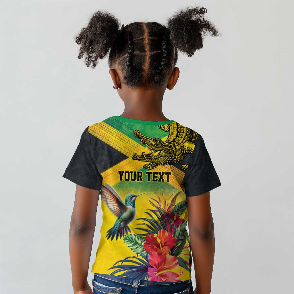 Personalized Black Jamaicans Crocodile Hummingbird Kid T shirt Tropical Flowers Grunge Flag - African Pride