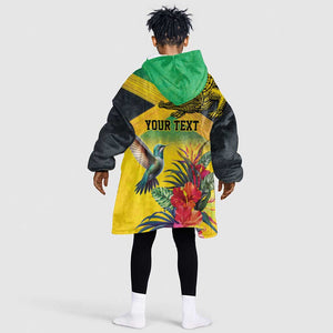 Personalized Black Jamaicans Crocodile Hummingbird Kid Wearable Blanket Hoodie Tropical Flowers Grunge Flag - African Pride